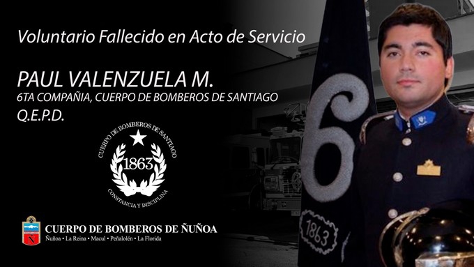 CONDOLENCIAS EN HONOR AL VOLUNTARIO CAÍDO EN ACTO DE SERVICIO, SR. PAUL VALENZUELA M., PERTENECIENTE A LA SEXTA COMPAÑÍA DE BOMBEROS DE SANTIAGO.